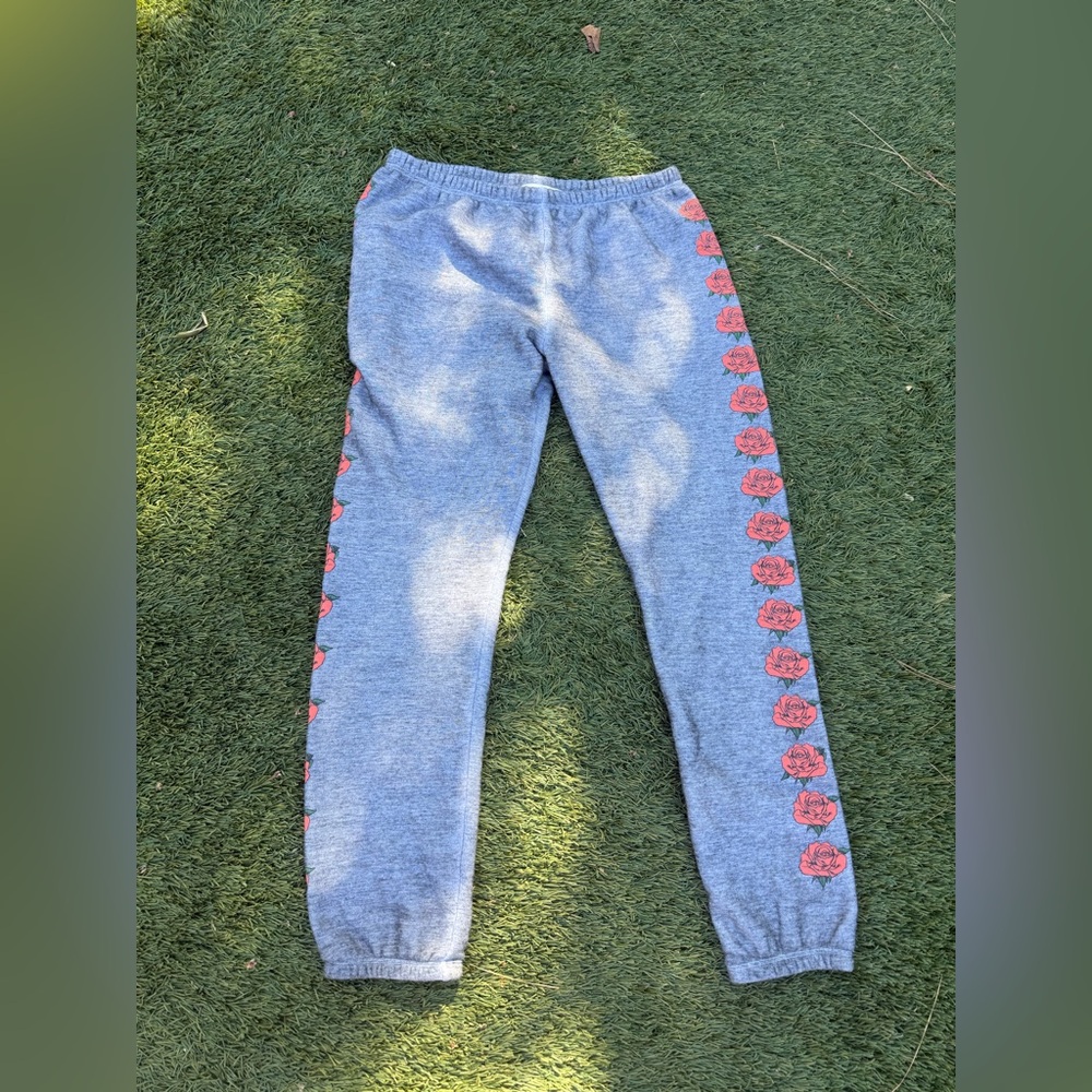 Wildfox Gray Sweatpants with Red Floral Accents